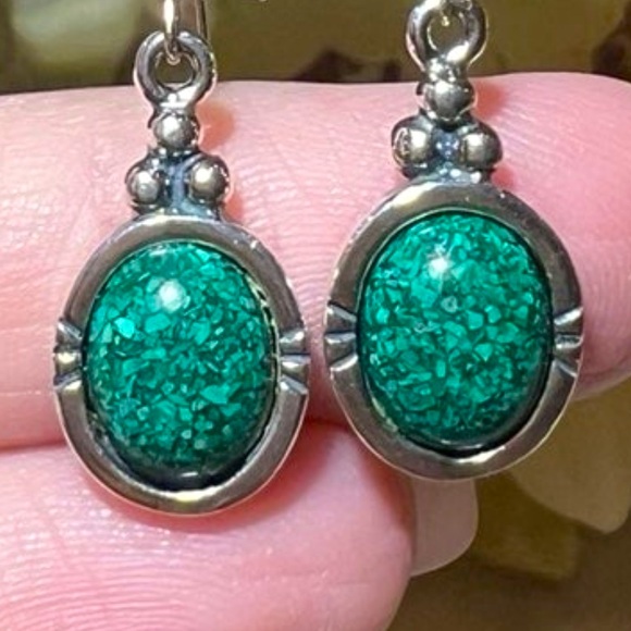 Vintage Designer Green stone drop dangle earrings in Solid 925 Sterling Silver - Picture 10 of 13
